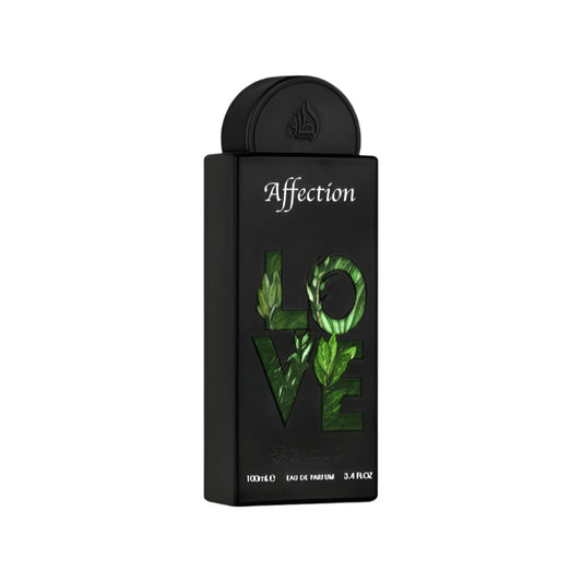 Black perfume bottle with green design and 'Affection' text on a white background