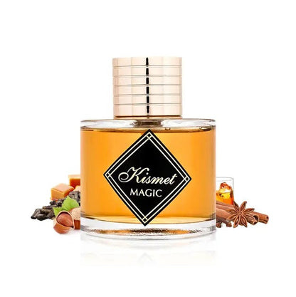 Perfume bottle labeled 'Kismet Magic' with spices on a white background
