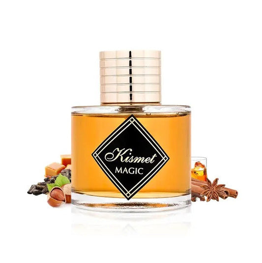 Perfume bottle labeled 'Kismet Magic' with spices on a white background