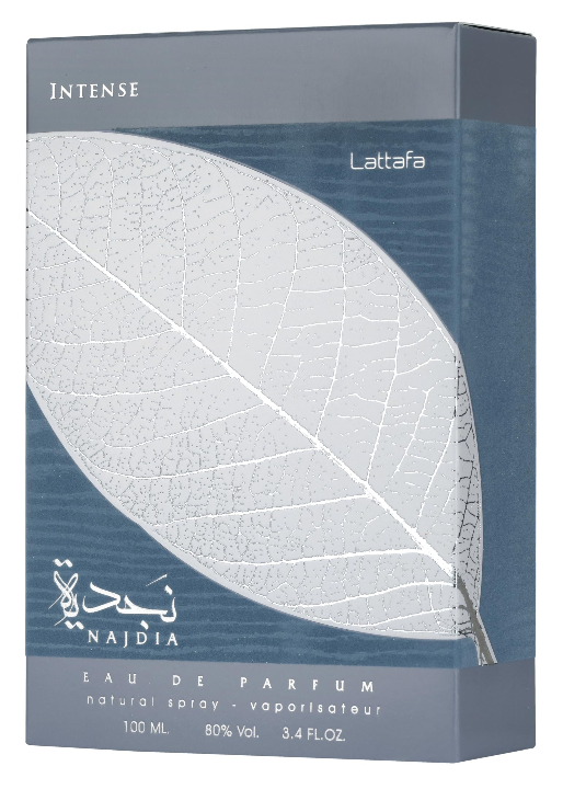 Lattafa Najdia Intense eau de parfum packaging with a leaf design on a white background